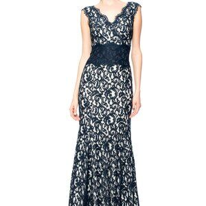Contrast Waist Lace Gown from Tadashi Shoji, in navy and cream